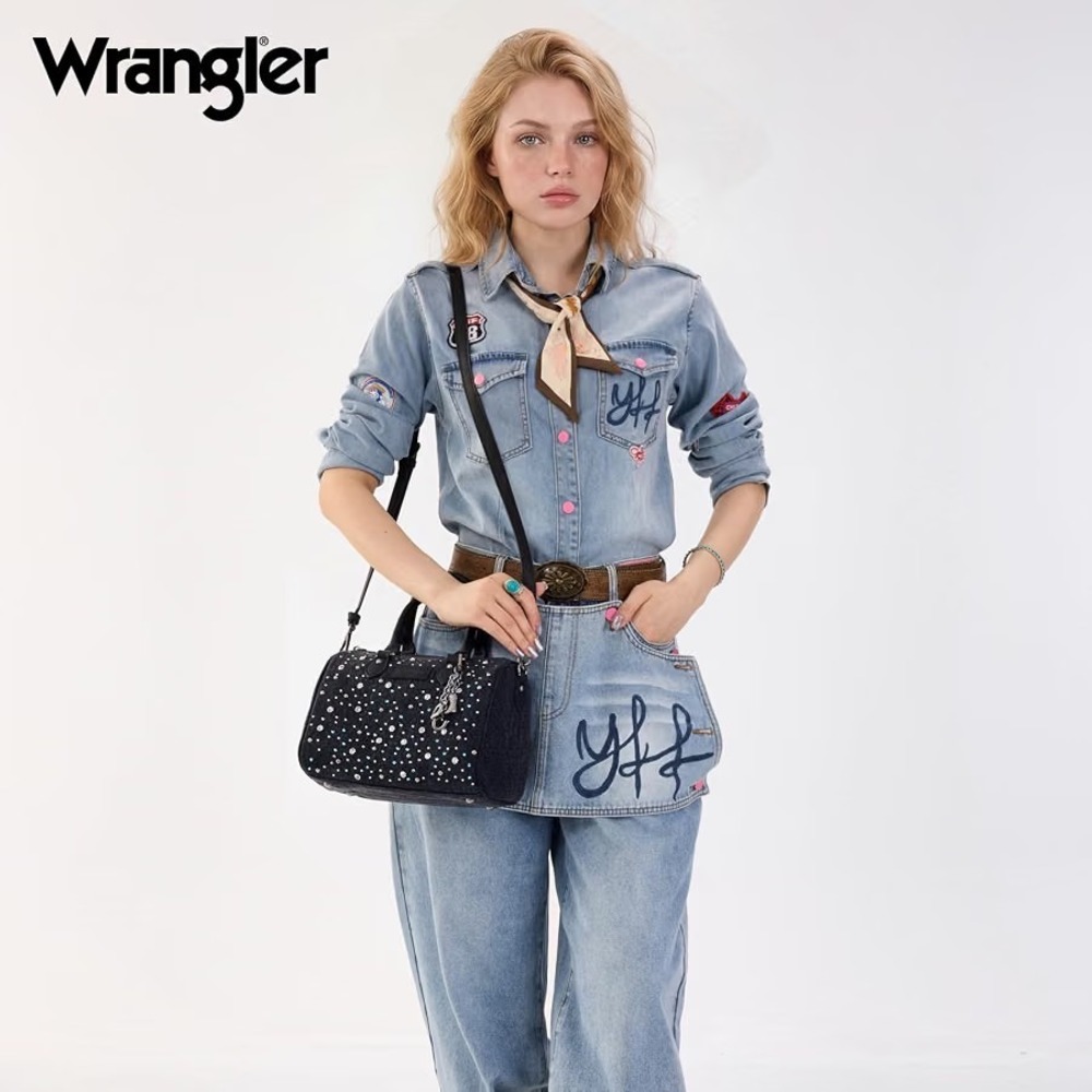 Montana West Wrangler Rhinestone Denim Barrel Bag Crossbody Satchel Purse Black - Picture 8 of 8